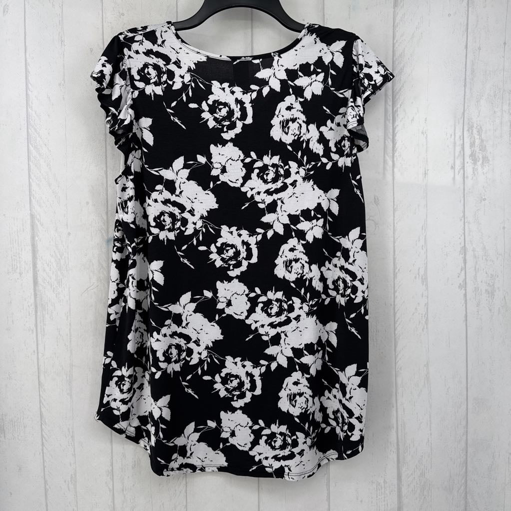 L ruffle slv flower print v-neck top