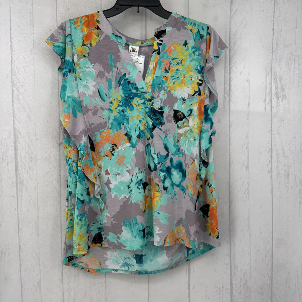 M ruffle slv flower print top