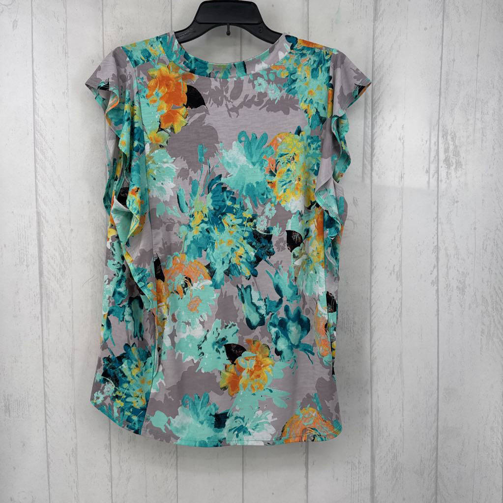 M ruffle slv flower print top