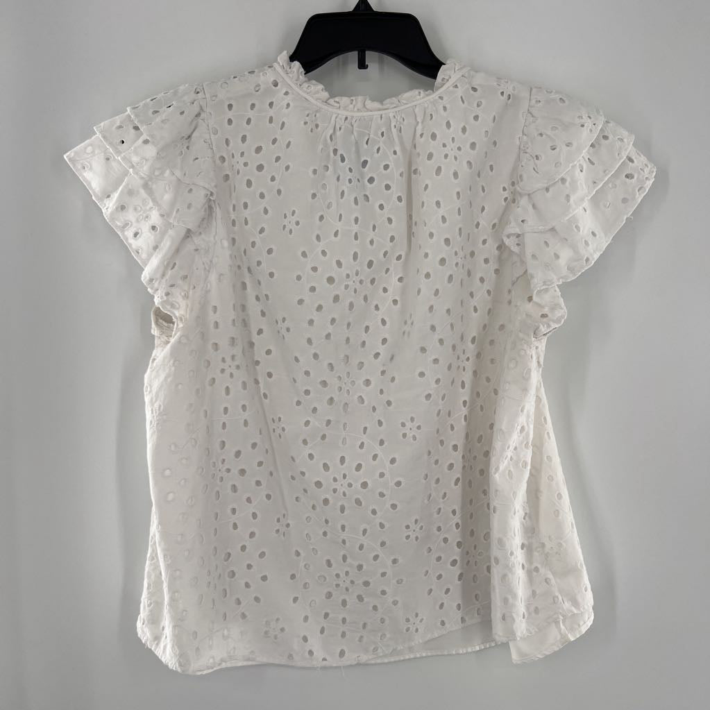 XL eyelet split neck ruffled s/s top