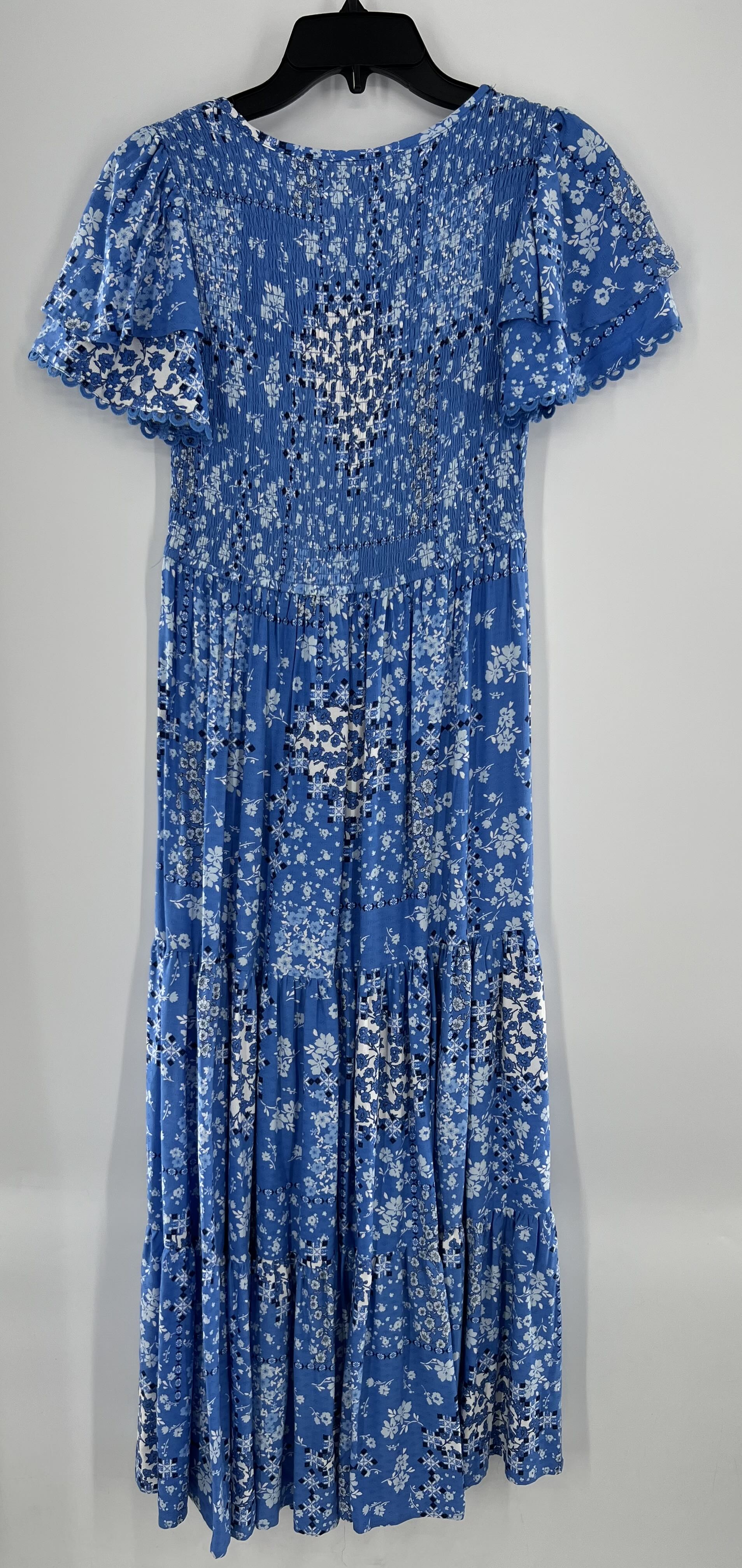 S smocked flo print flutter slv maxi dress