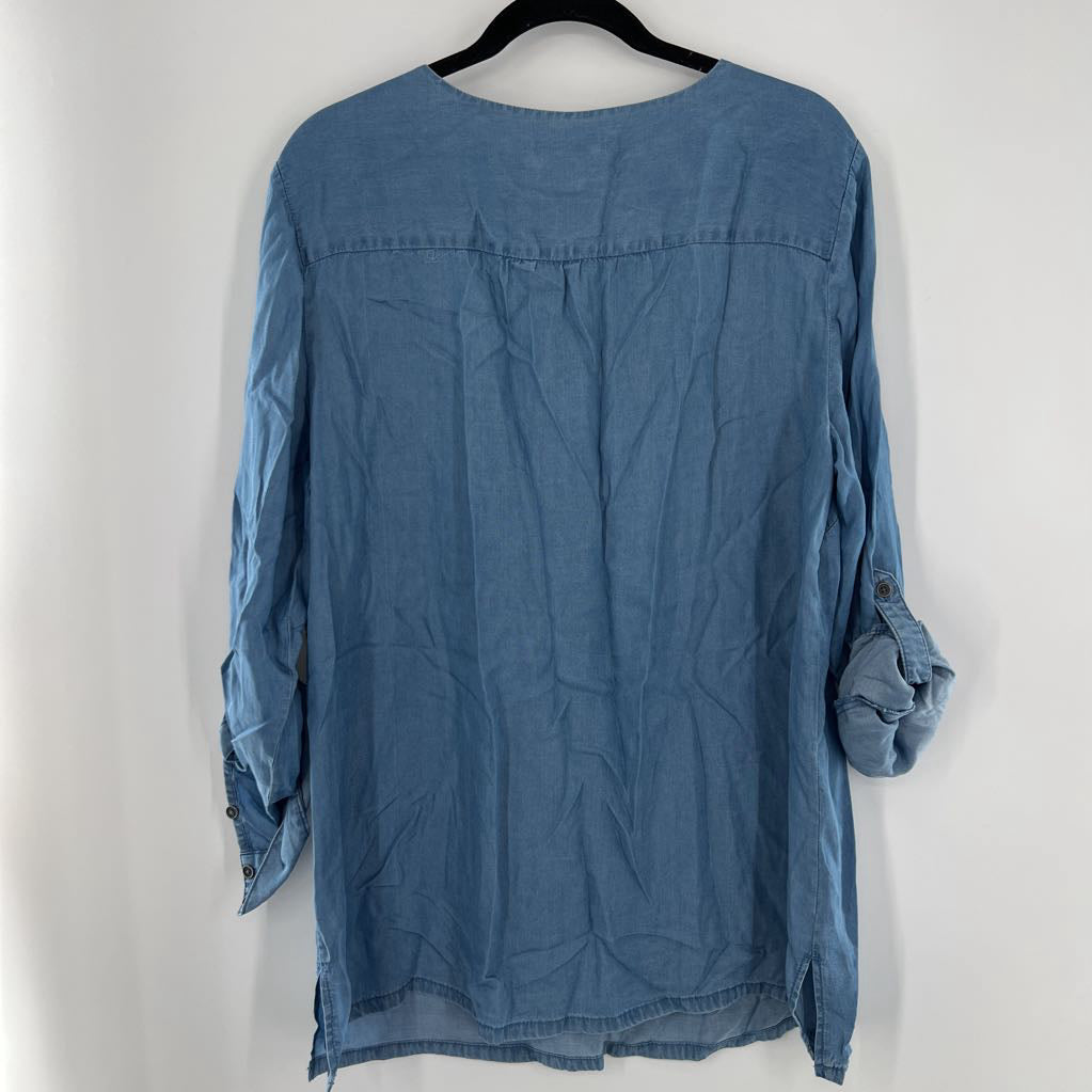 L denim lace-up tab slv top