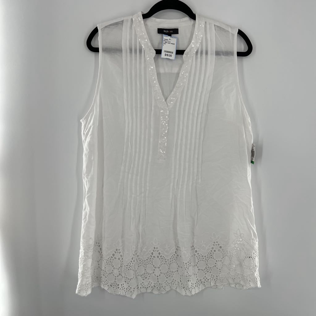 L split neck sequin eyelet hem tank