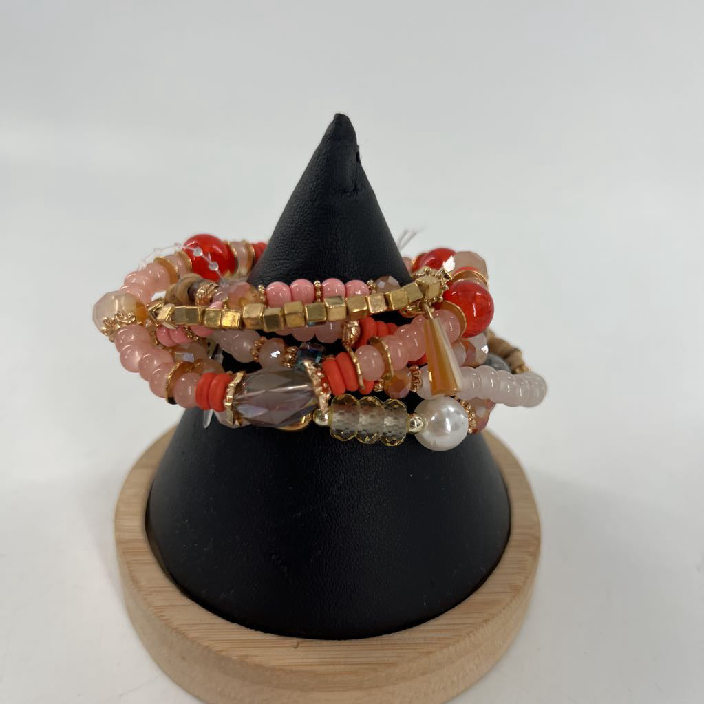 coral stretch beaded bracelet stack