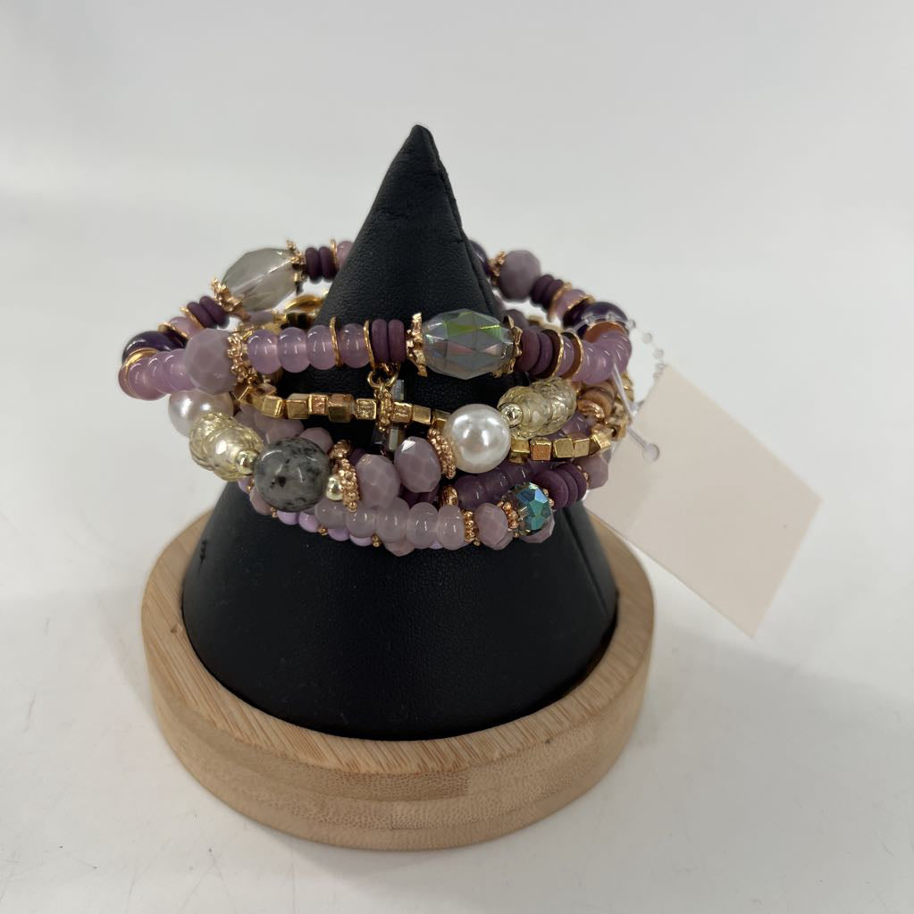 purple stretch beaded bracelet stack