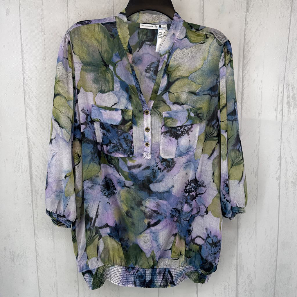 L flo print semi-sheer 3/4 slv top