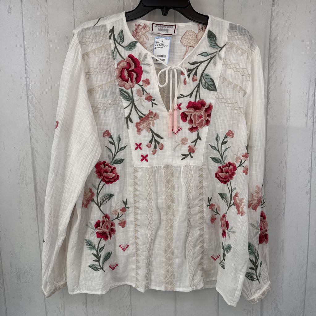 M flo embroidered tassel tie l/s top
