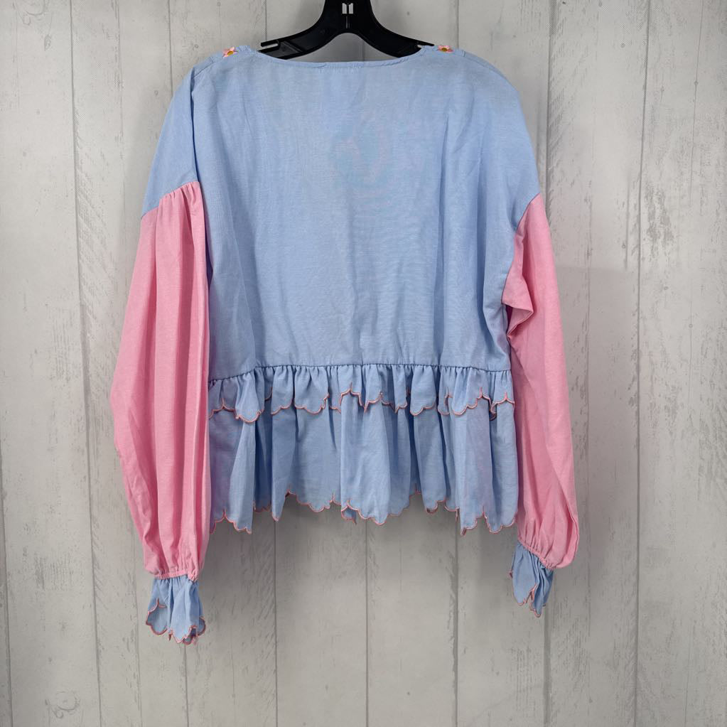 L flo embroidered scalloped tie front l/s top