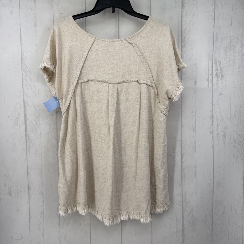 L linen blend frayed hem s/s top