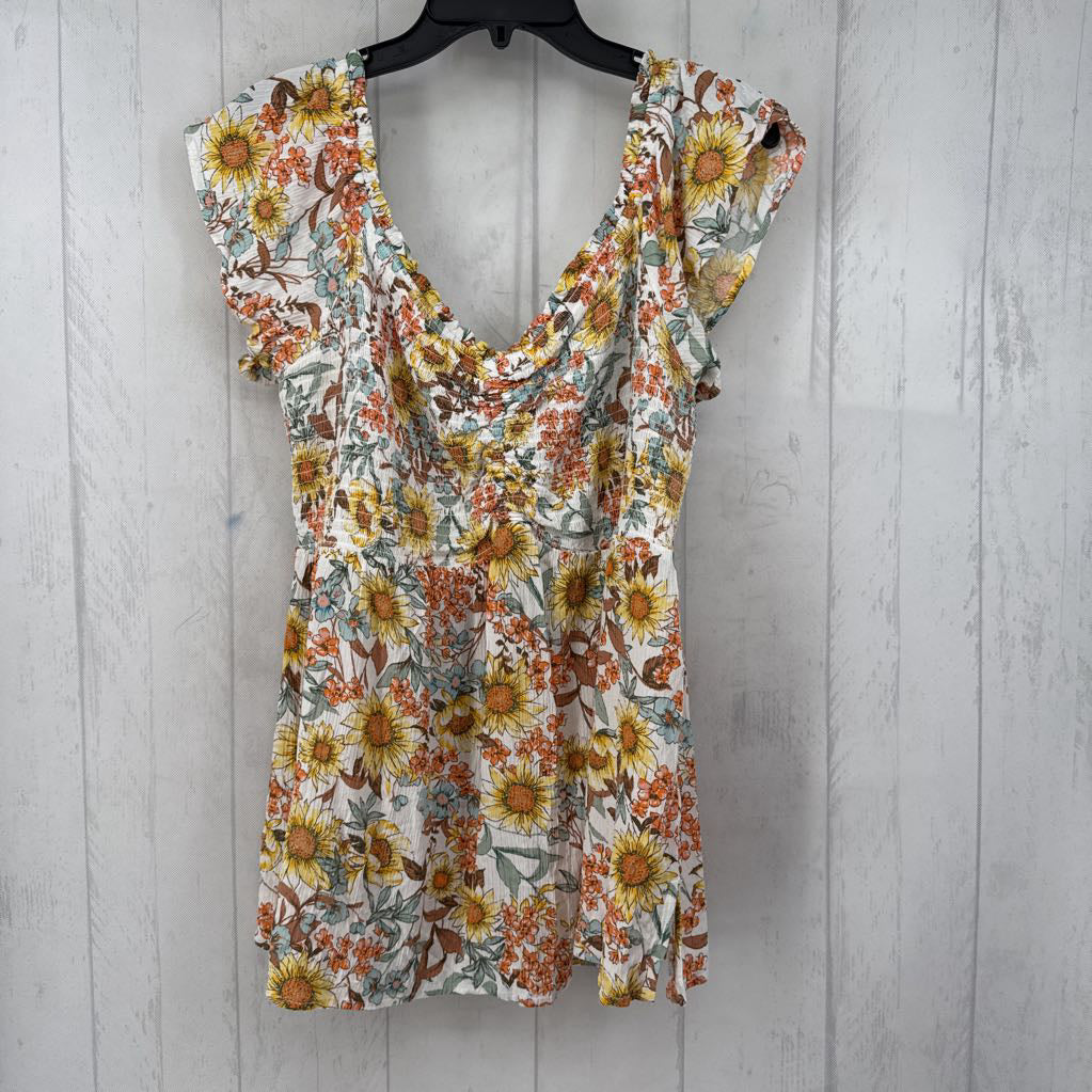 1X smocked flo print s/s top