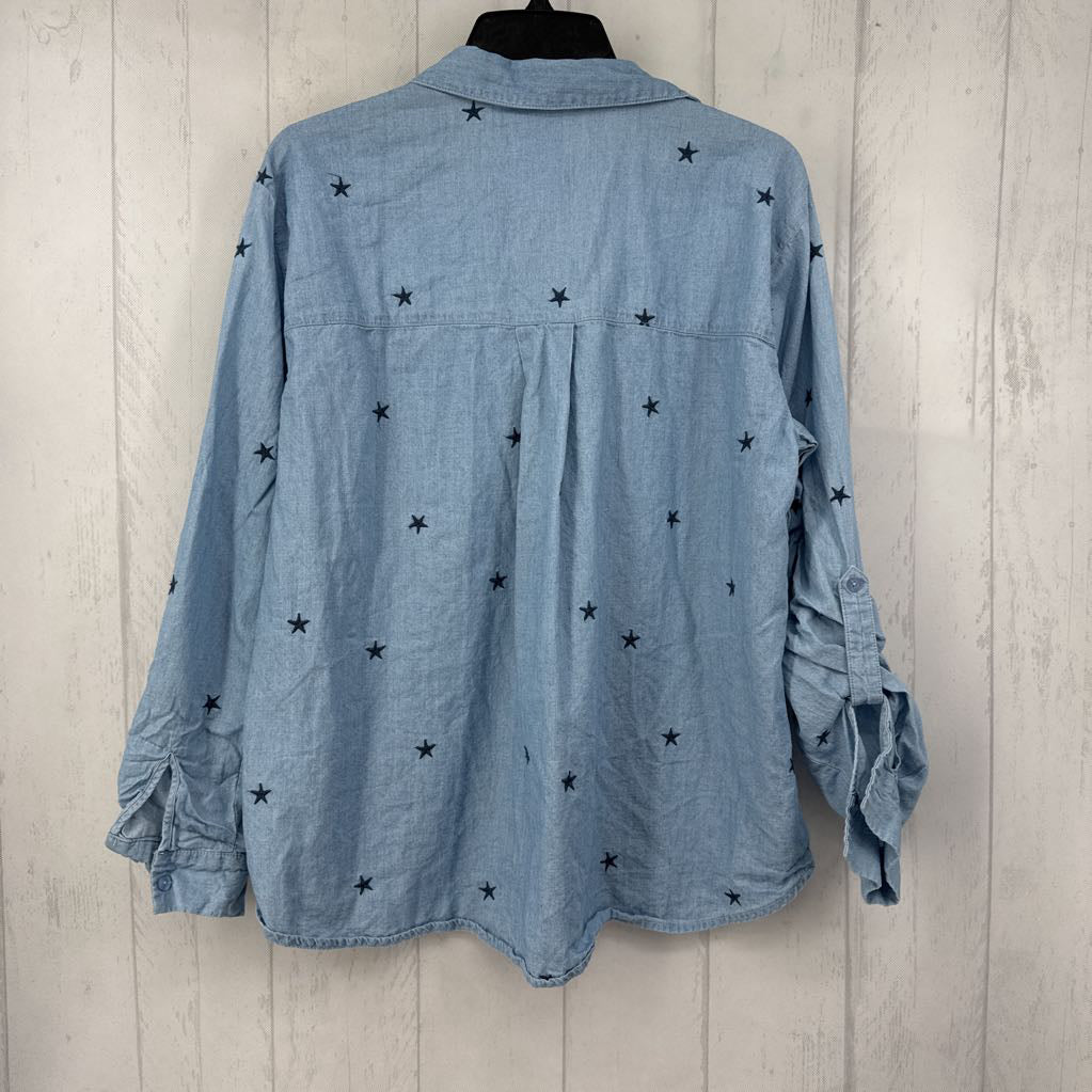 M embroidered star denim button down l/s top