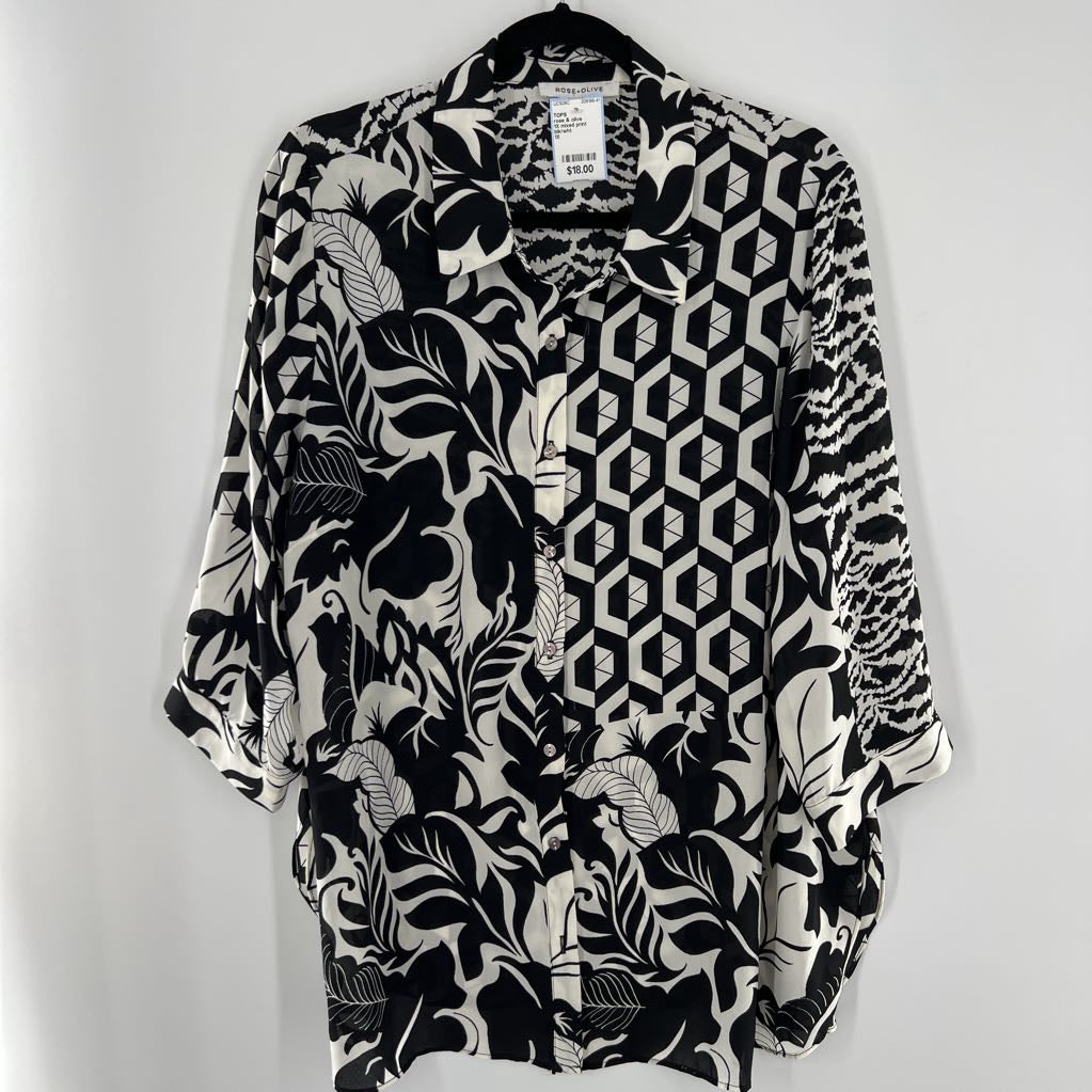 1X mixed print button down 3/4 slv top