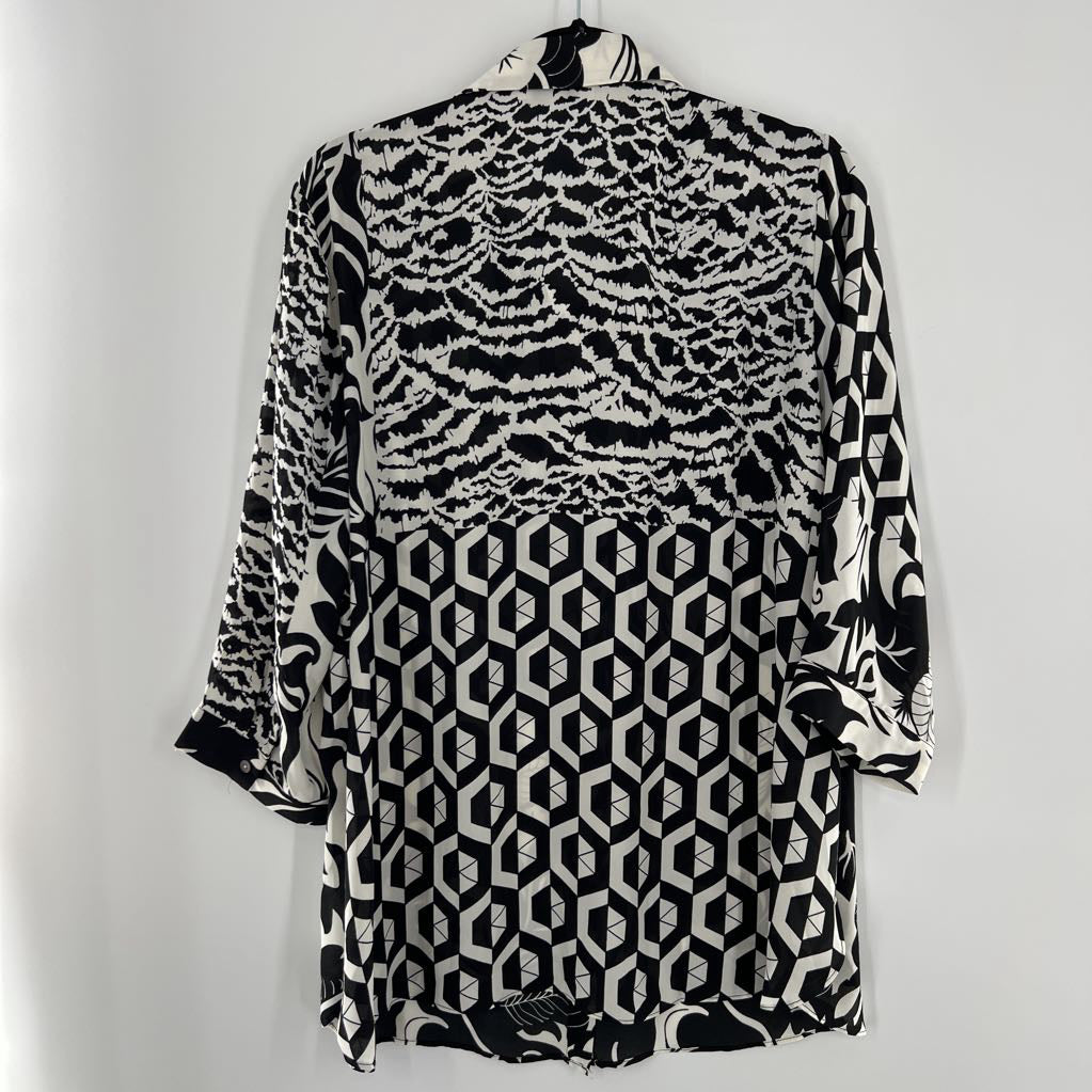 1X mixed print button down 3/4 slv top