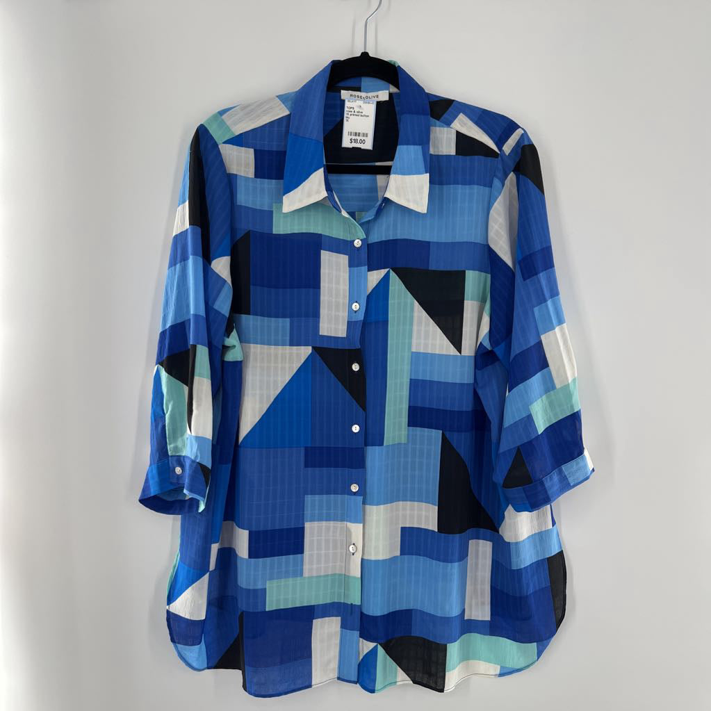 1X printed button down 3/4 slv top
