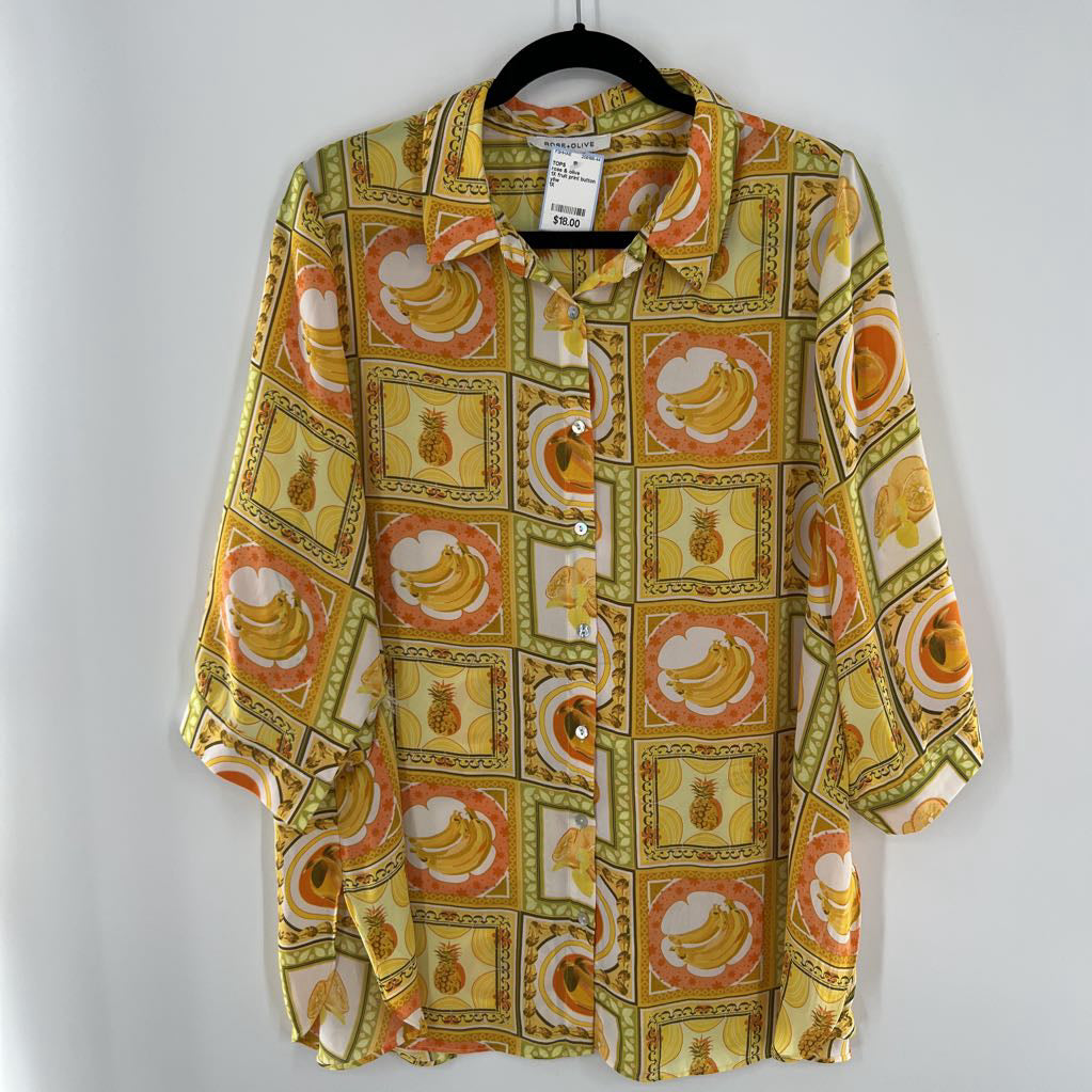 1X fruit print button down 3/4 slv top
