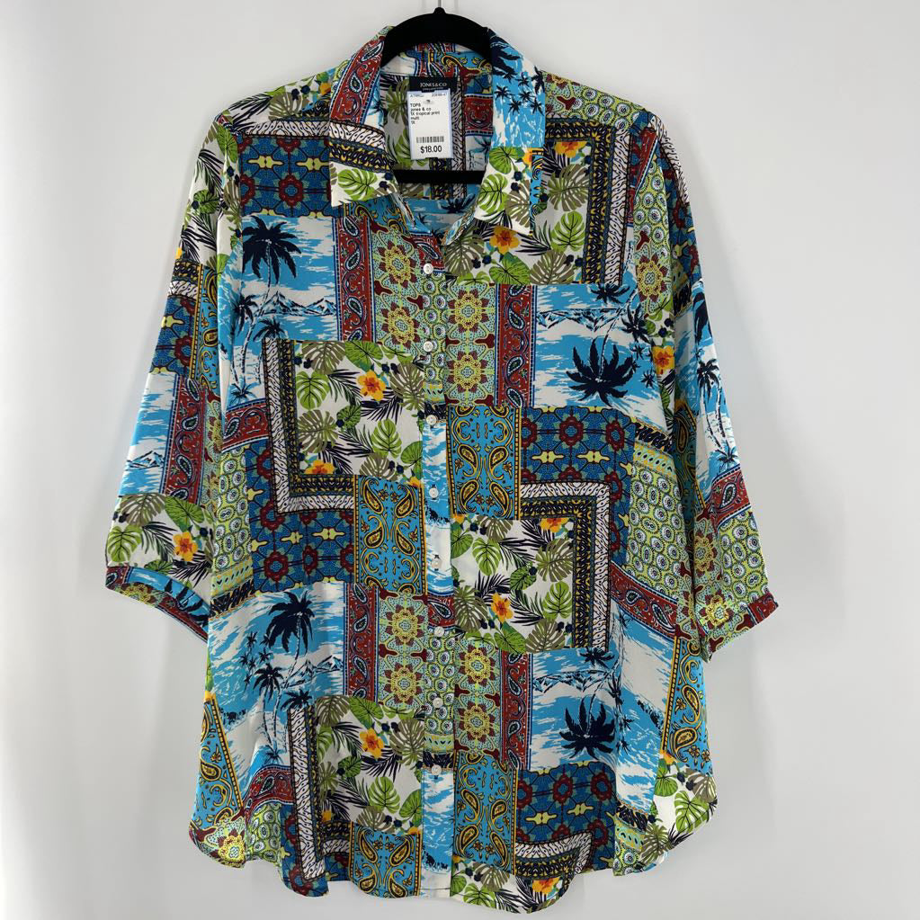 1X tropical print button down 3/4 slv top