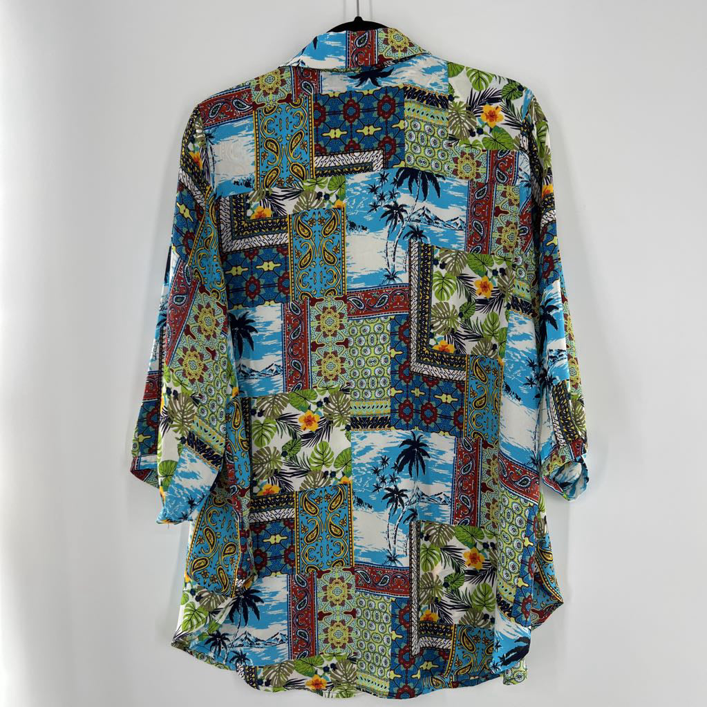 1X tropical print button down 3/4 slv top