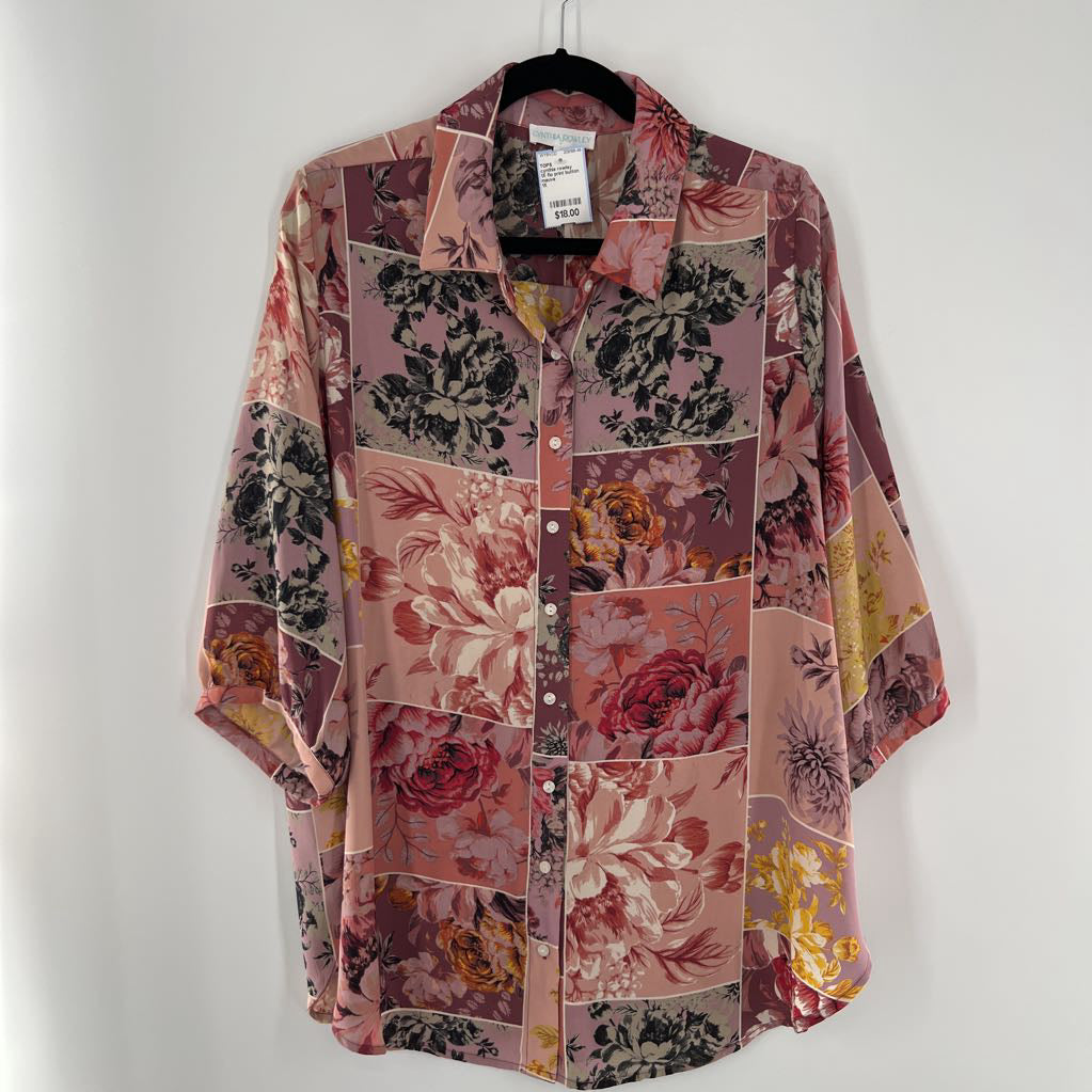 1X flo print button down 3/4 slv top