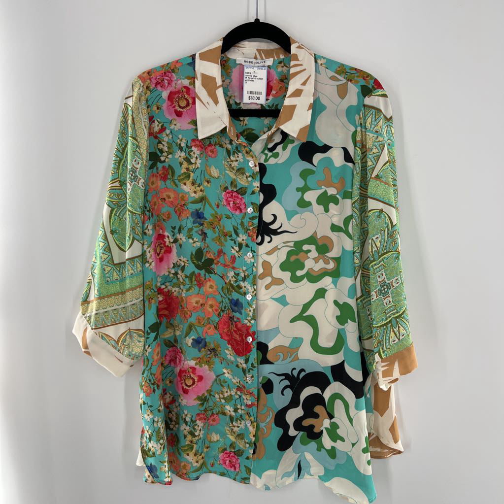 1X flo print button down 3/4 slv top