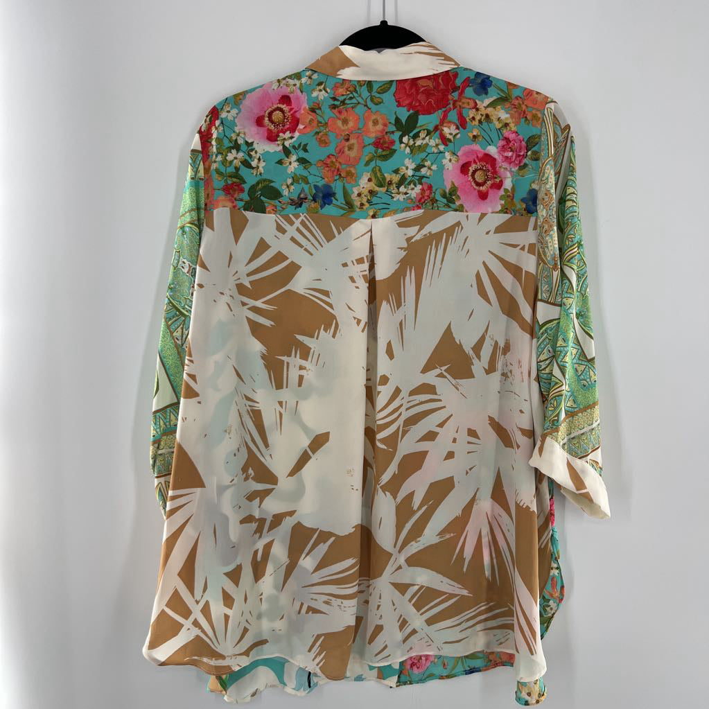 1X flo print button down 3/4 slv top