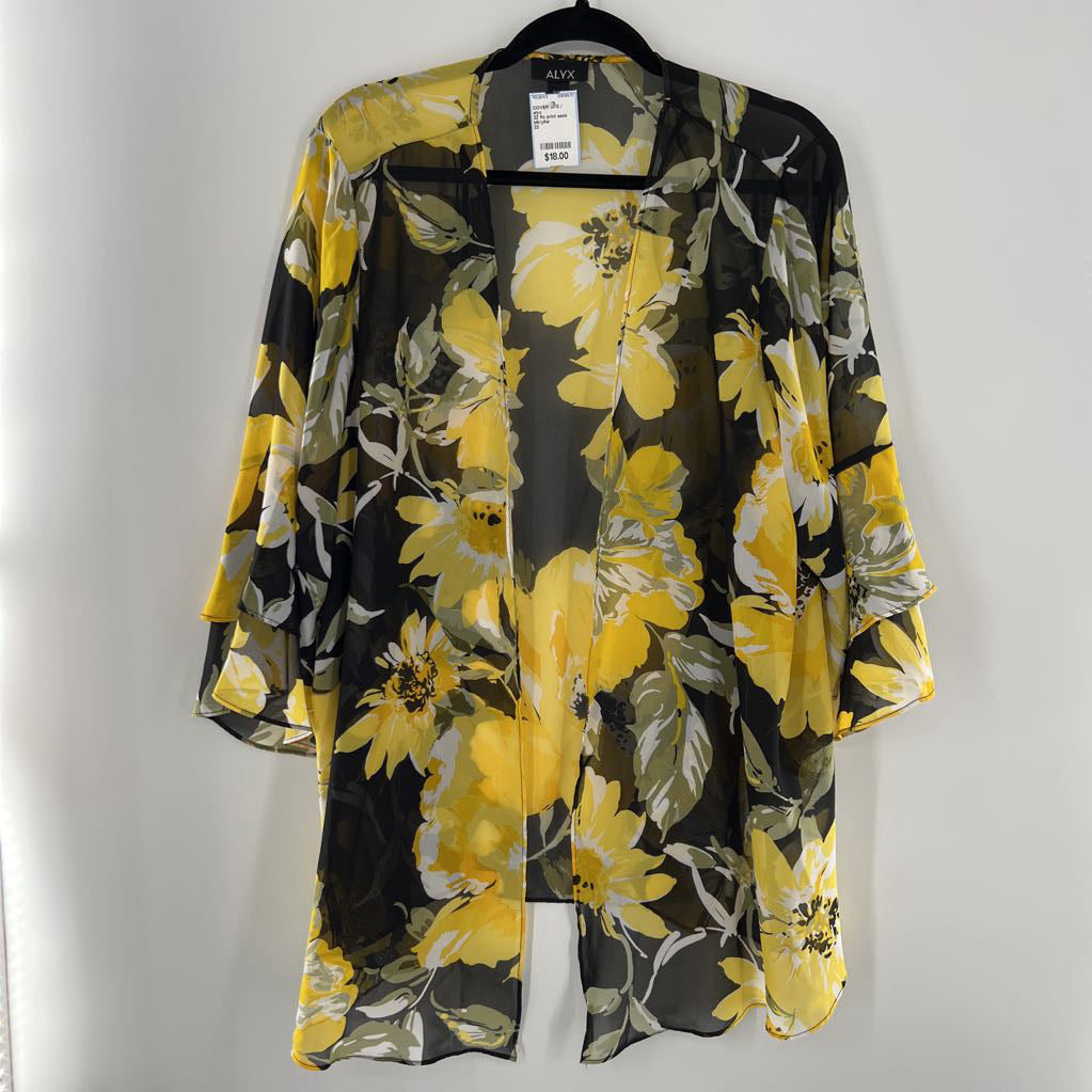 22 flo print semi sheer ruffled slv cover up