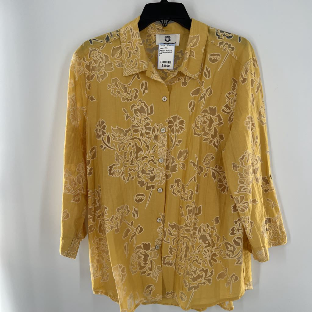 L jacquard button down 3/4 slv top