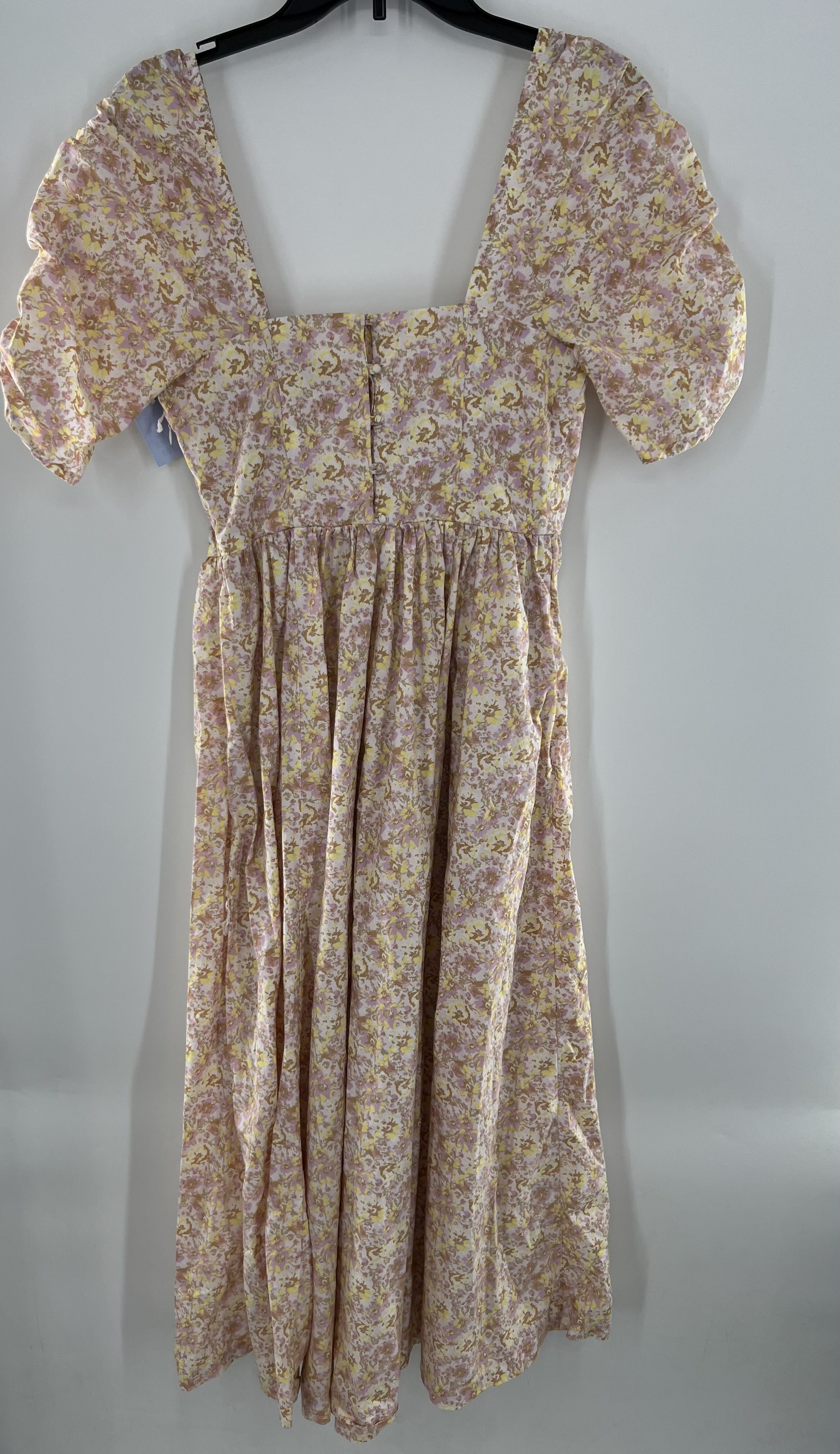 6 flo print square neckline ruched s/s dress