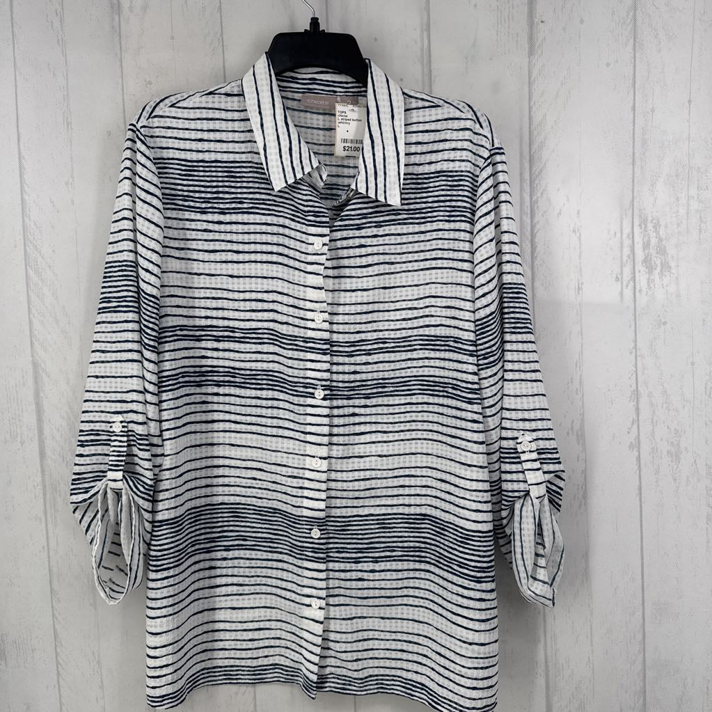 L striped button down tab slv top