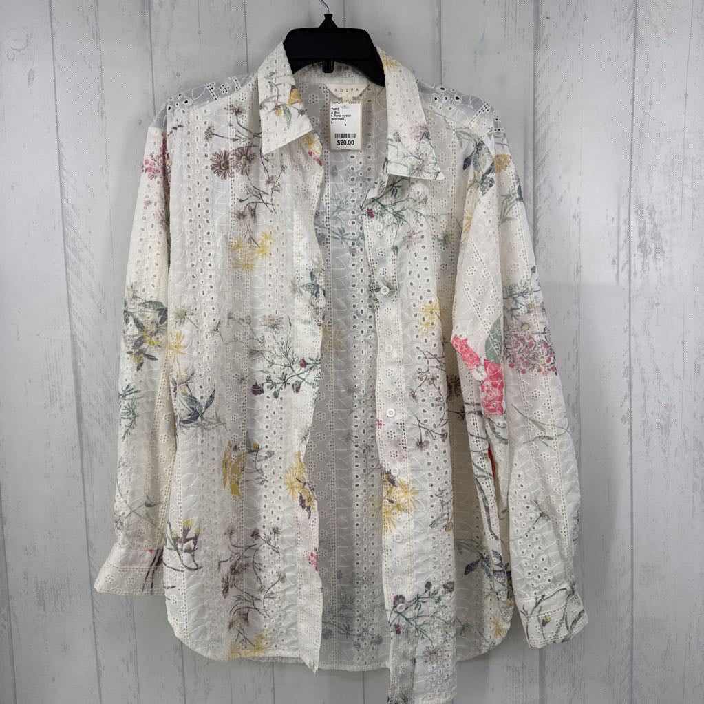 L floral eyelet button down l/s top