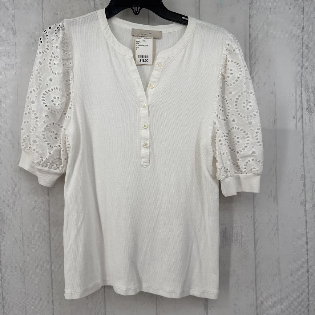 L ribbed button front eyelet slv top