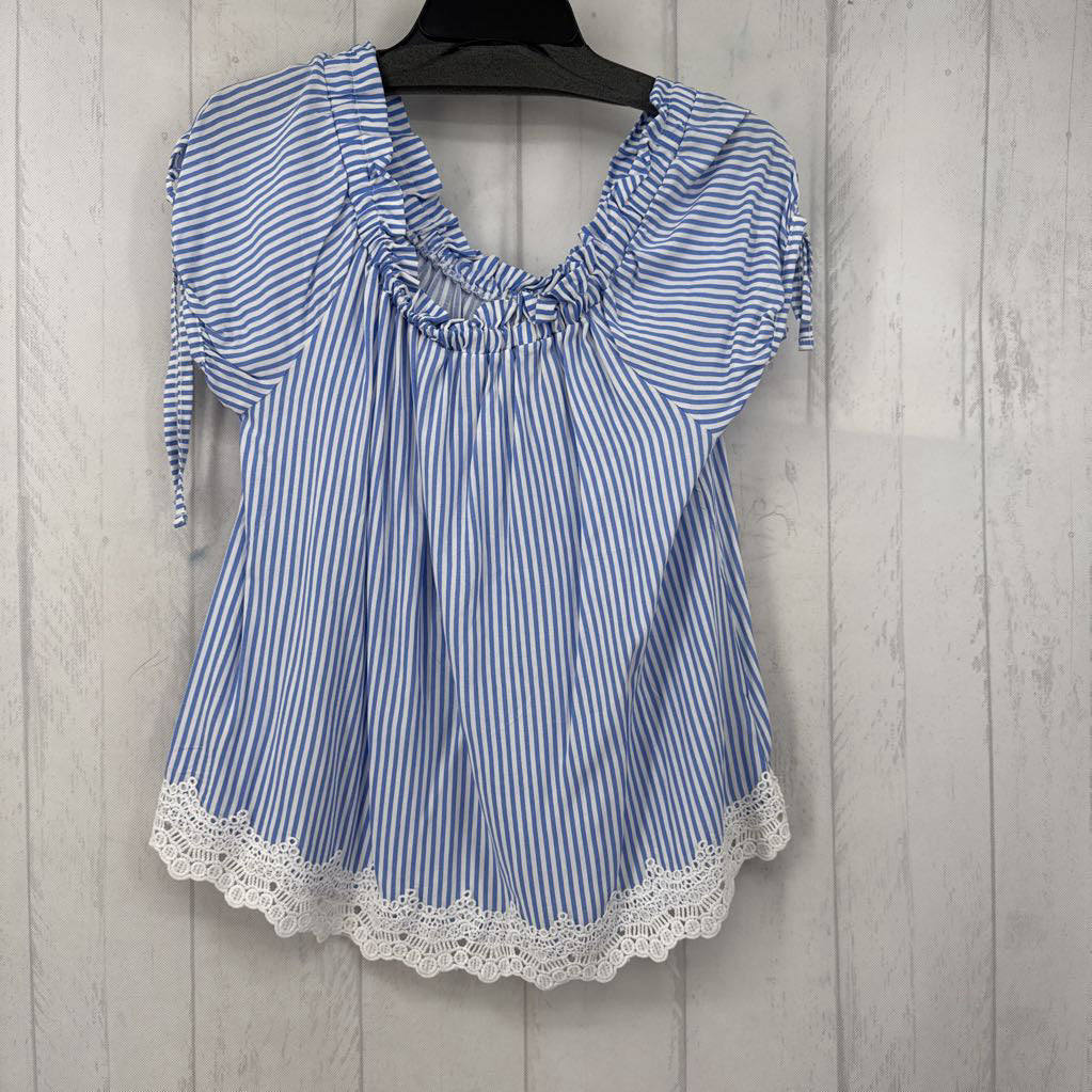 XL striped lace hem s/s top