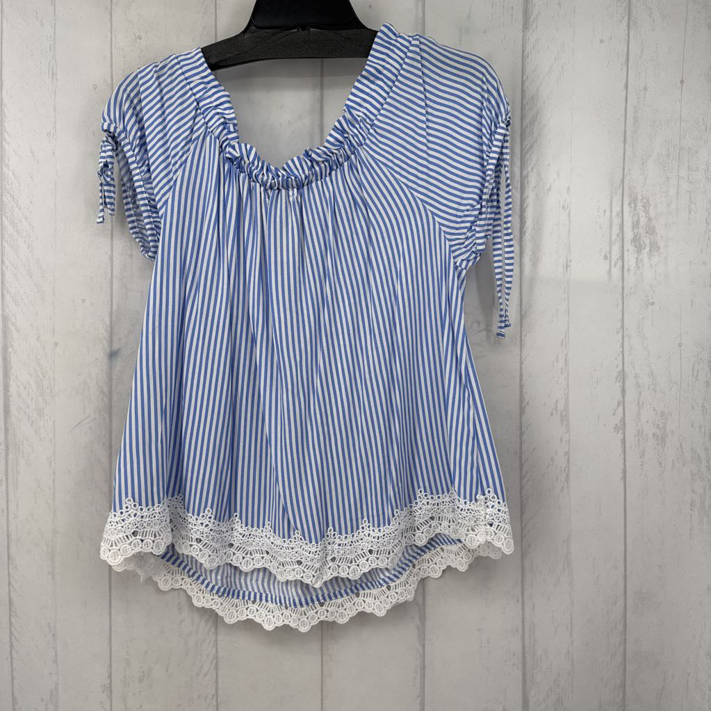 XL striped lace hem s/s top