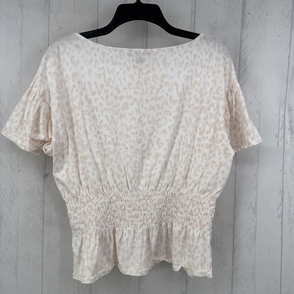 Animal Print Smocked-Waist Crewneck Top
