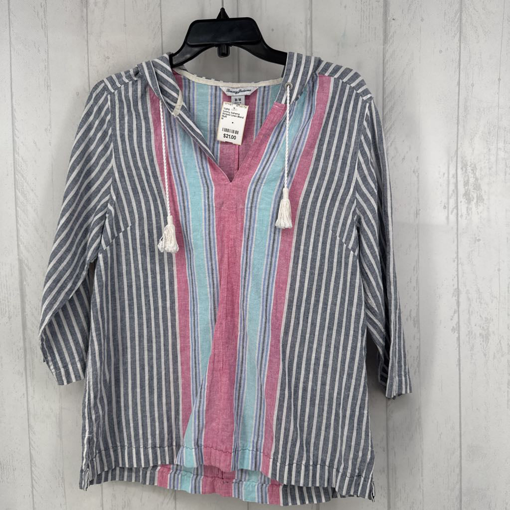 Striped Linen Blend Hooded Tunic w/ Tasseled Accents