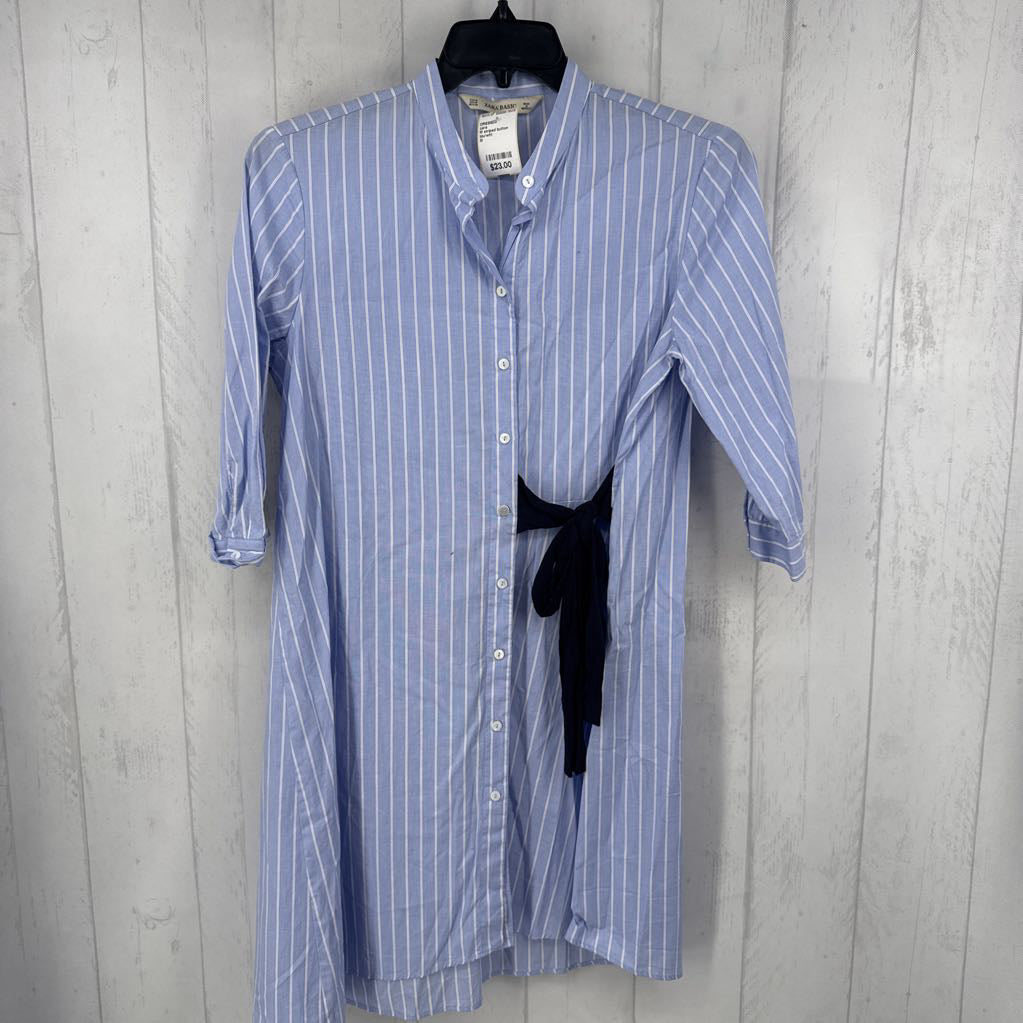 M striped button down black bow 3/4 slv dress