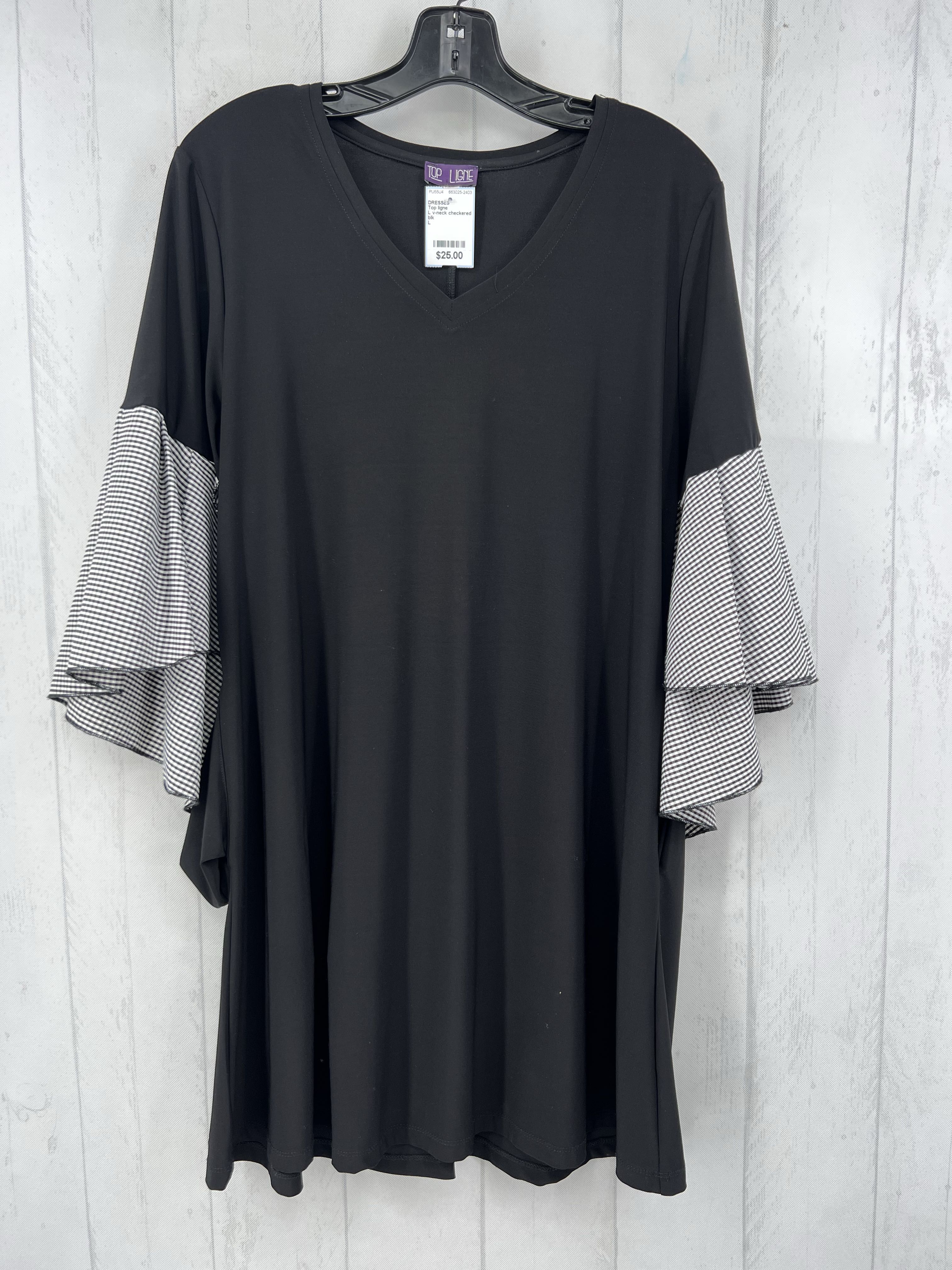 L v-neck checkered flared slv dress