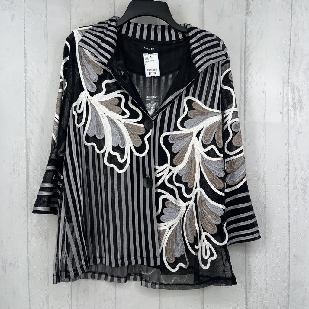 L embroidered mesh button down lflared 3/4 slv top