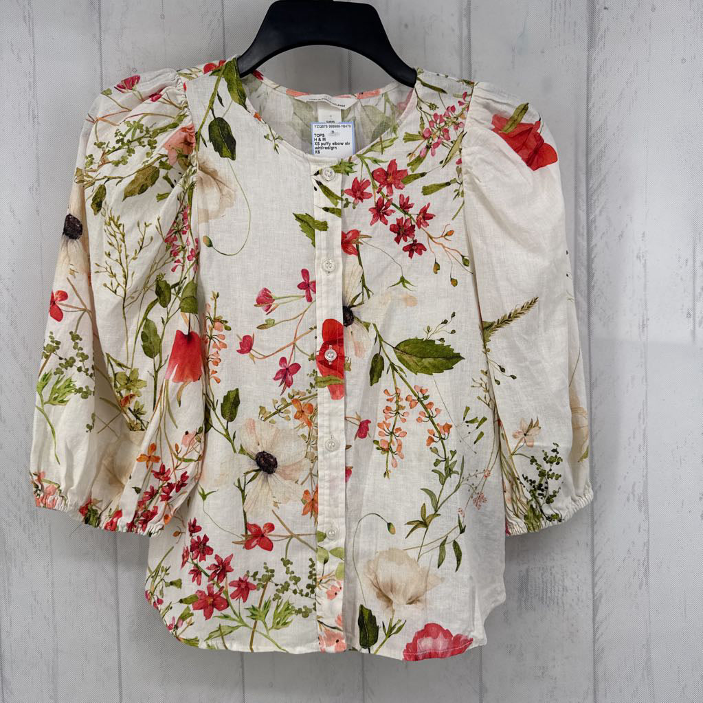 XS puffy elbow slv linen blend flo print top
