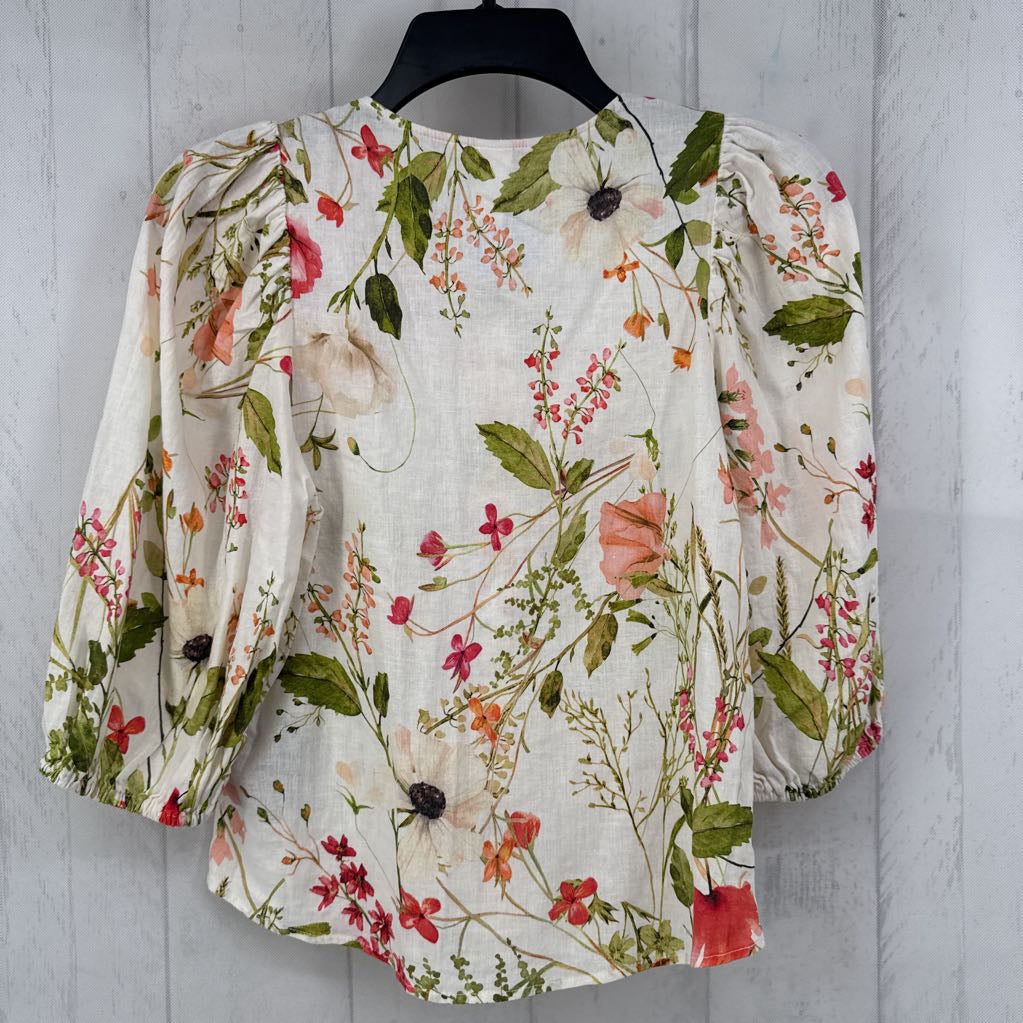 XS puffy elbow slv linen blend flo print top