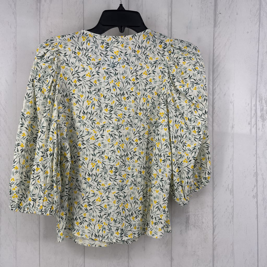 XS puffy elbow slv linen blend flo print top