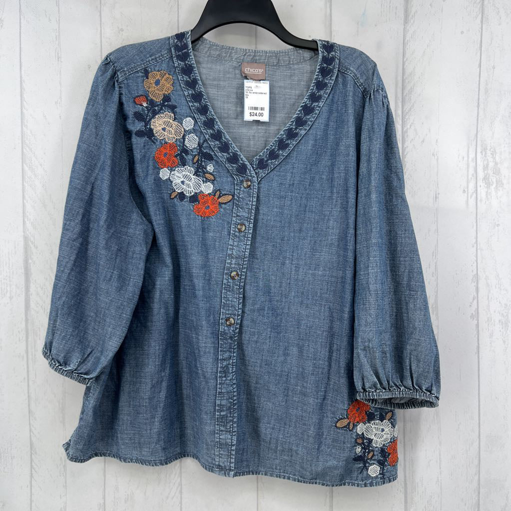 1X flo embroidered denim 3/4 slv top