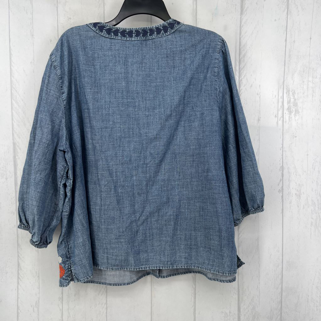1X flo embroidered denim 3/4 slv top