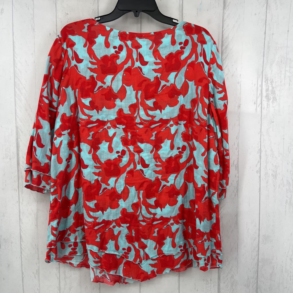 XL flo print layered hem 3/4 slv top