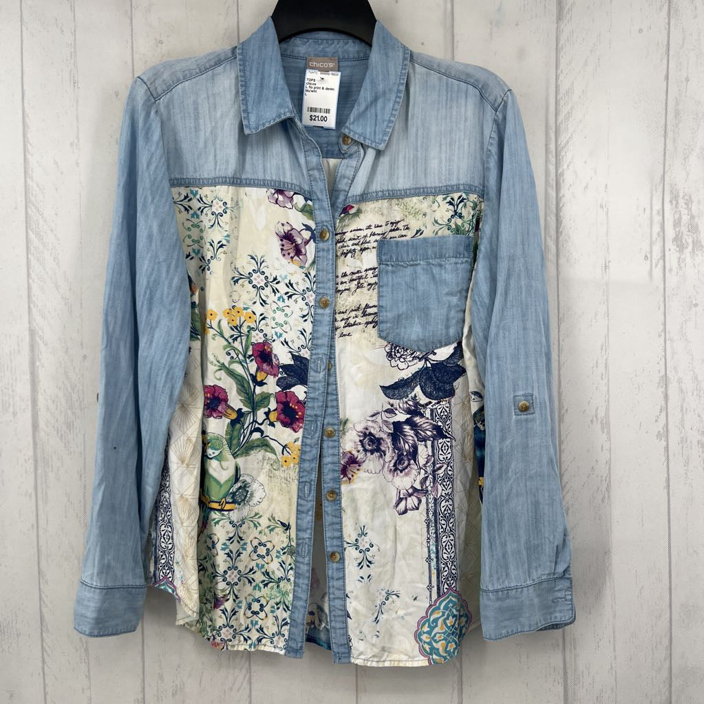 L flo print & denim button down l/s top