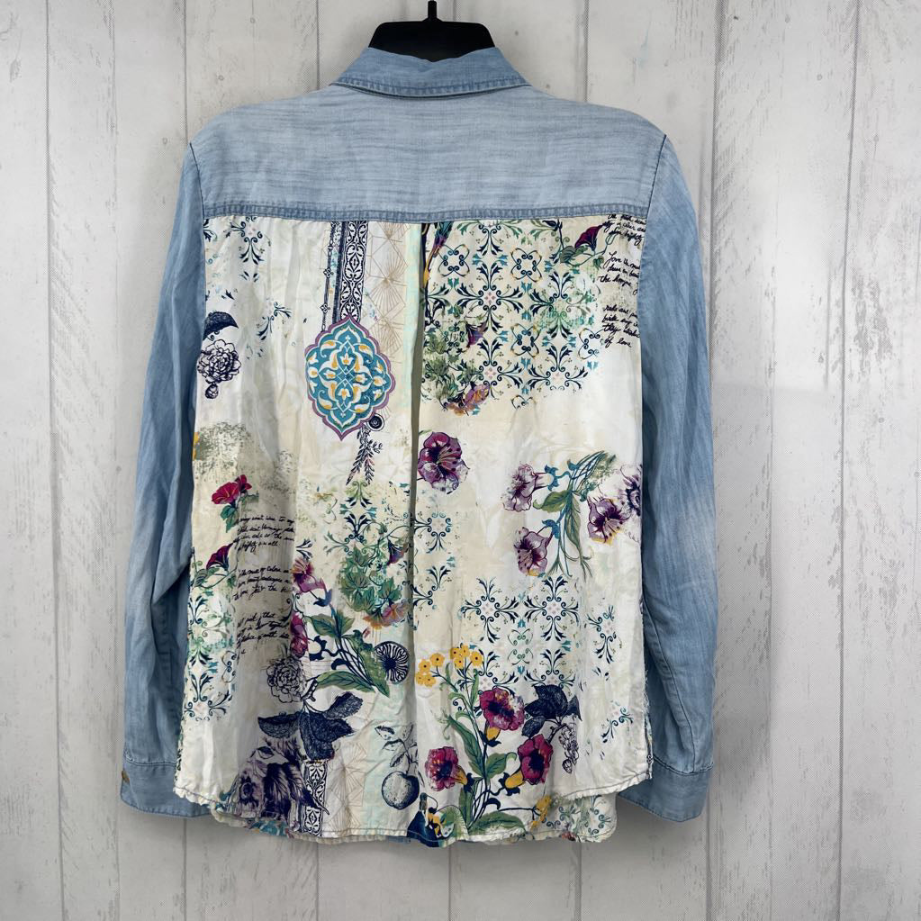 L flo print & denim button down l/s top