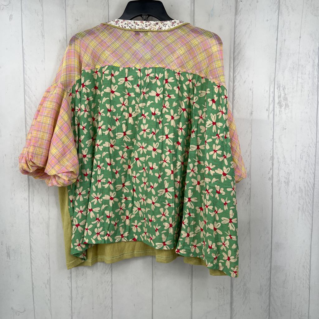 L oversized mixed print v-neck s/s top
