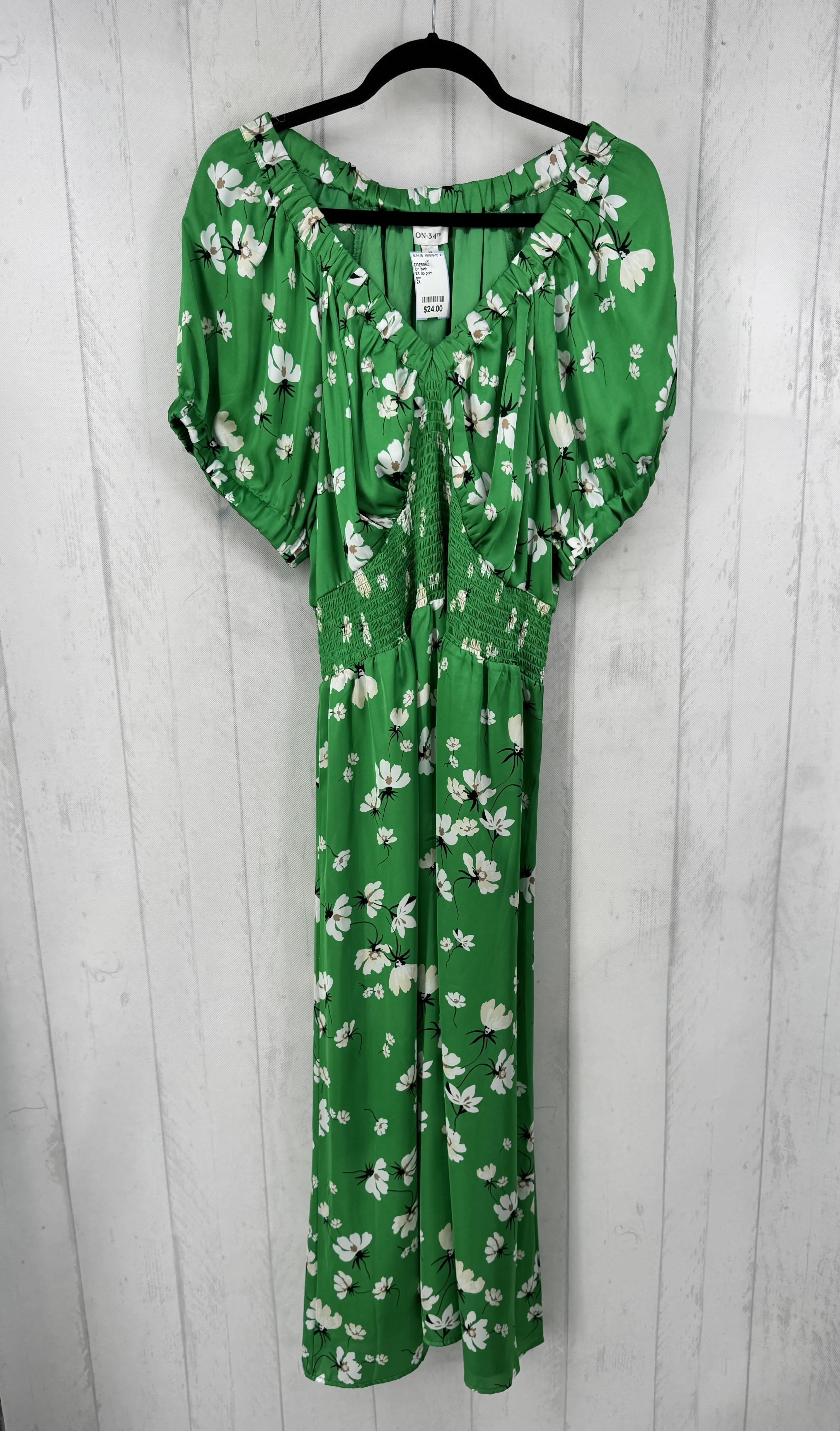 2X flo print smocked waist s/s dress