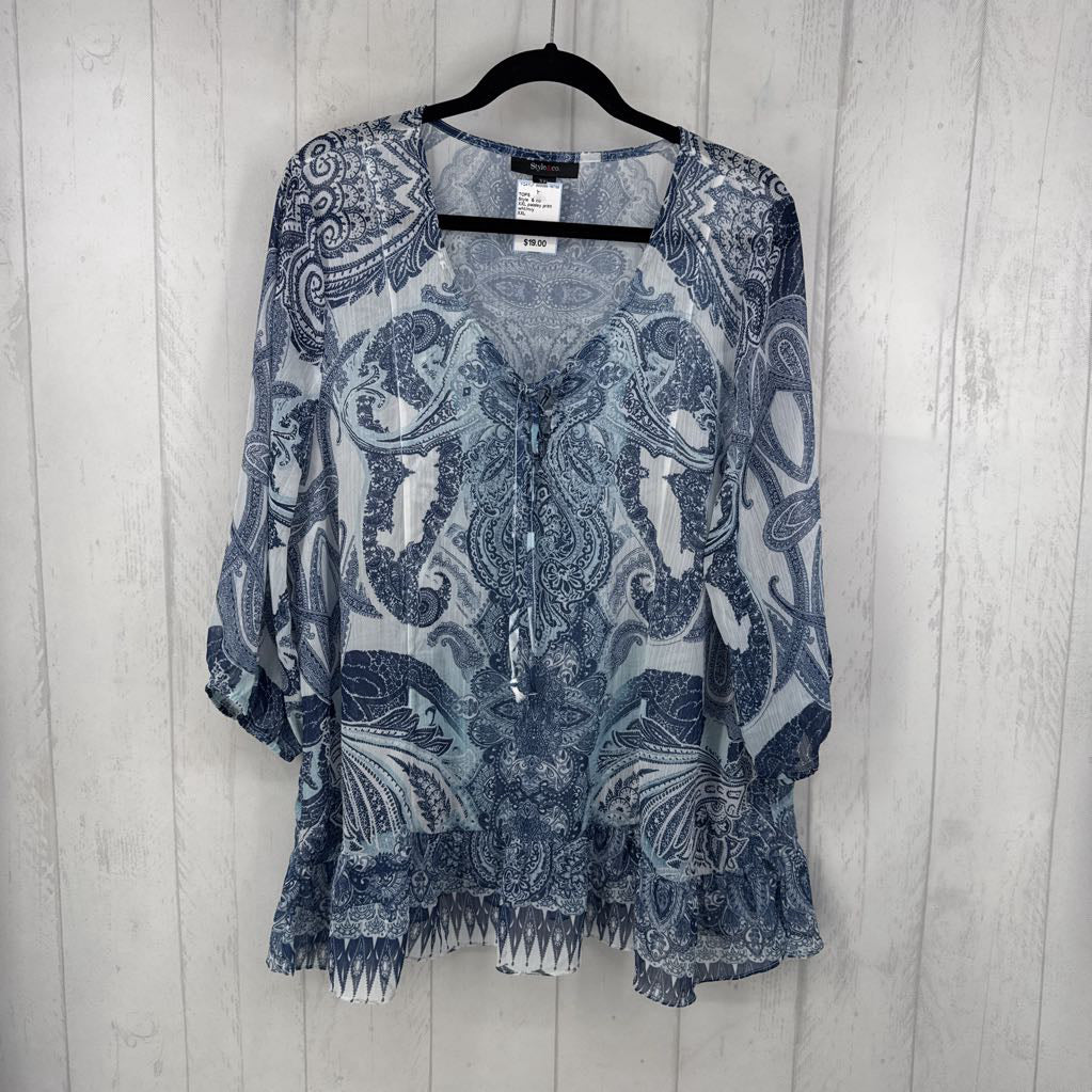 XXL paisley print tie front 3/4 slv top