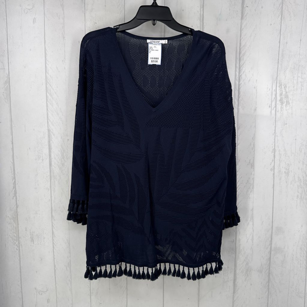 XL mesh v-neck tassel 3/4 slv top
