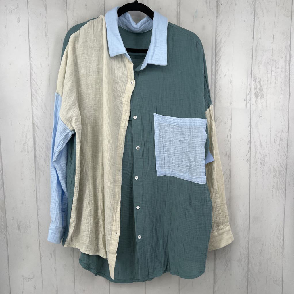 2XL gauze colorblock button down l/s top